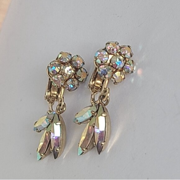 Vintage SHERMAN Aurora Borealis Crystal Gold Flower Drop Dangle Clip-On Earrings - Picture 6 of 13